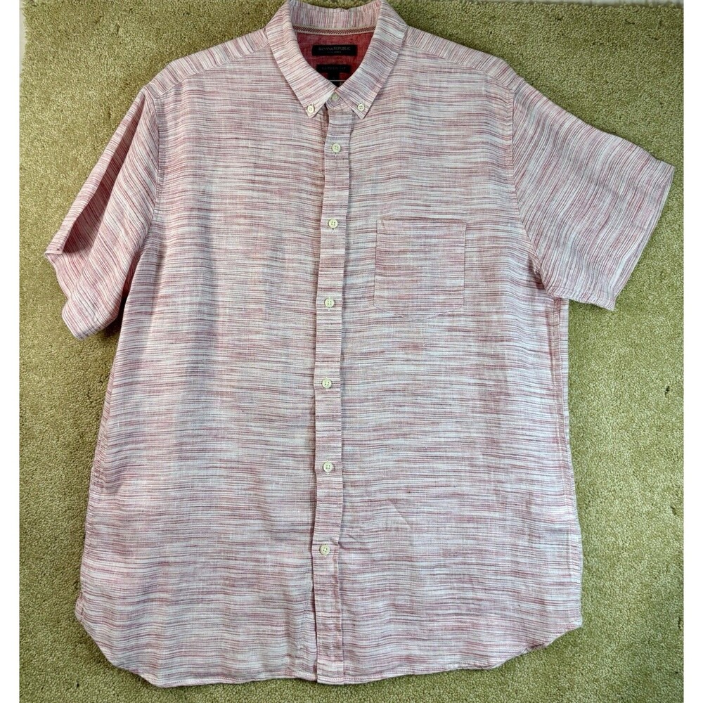 Banana Republic Linen Shirt Button Up Short Sleeve Pink Striped Men Extra Large